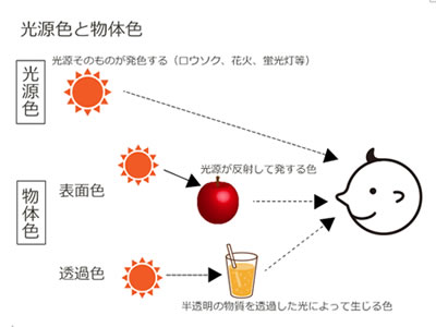 ちなみに塗料や塗膜の色は物体色になります